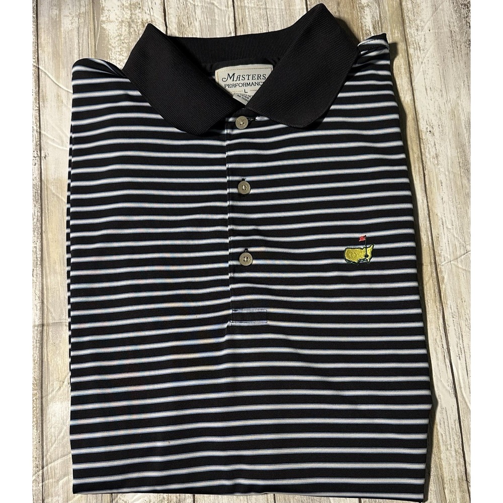 EUC Masters Performance Men's Large Golf Polo Shirt‎ Black/white/lt Blue Stripe